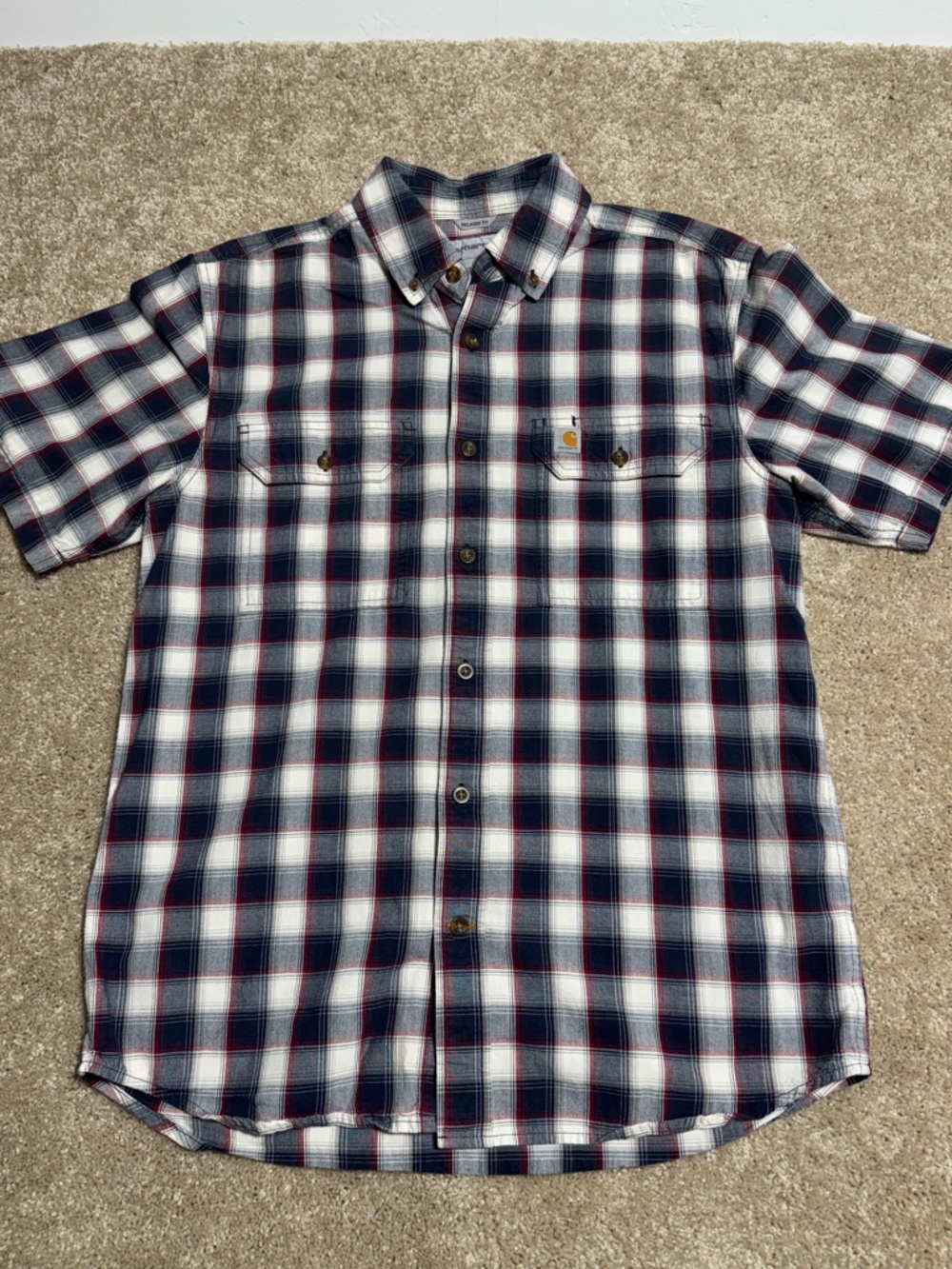 Carhartt Men’s Short-Sleeve Plaid Button-Down Shirt - Navy/White/Red